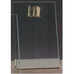 Clear Glass Plaque Award w/Gold Flag Accent, Gold Plastic Mounts & Base (4"x6.5")