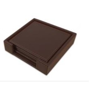 Leatherette Chocolate Brown Square Coaster Set w/Stitching