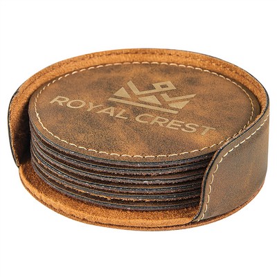 4" Round 6-Coaster Set with Holder, Laserable Leatherette