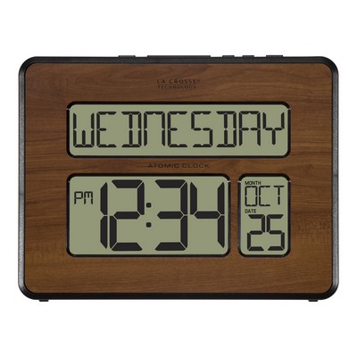 Walnut Atomic Digital Wall Clock w/Indoor Temperature