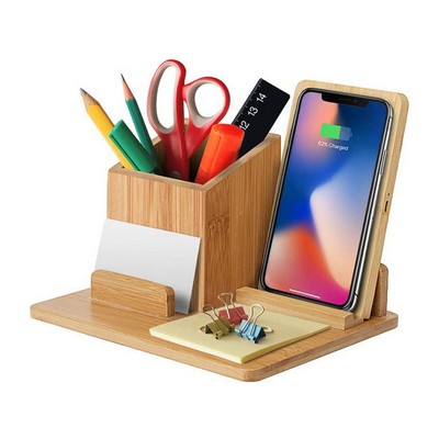 Bamboo Desk Organizer With Wireless Fast Charger And Pen Holder