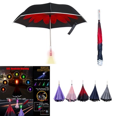 LED Light Straight Handle Double Reverse Umbrella
