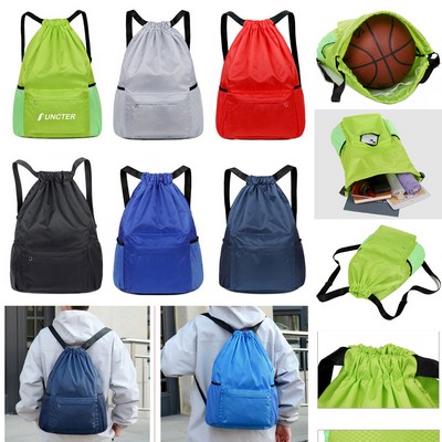19 x 13.8" Drawstring Backpack, Waterproof Sports Gym Bag with Side Pocket