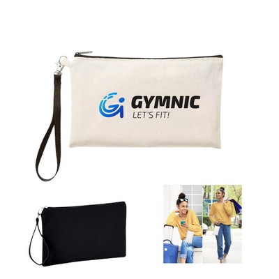 Canvas Cosmetic Bag Pencil Pouch with Wristband Lanyard