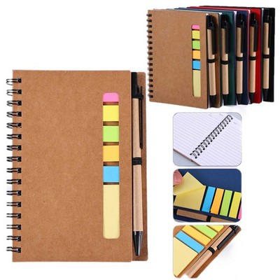 A6 Kraft Paper Spiral Bound Notebook W/ Pen and Sticky Notes