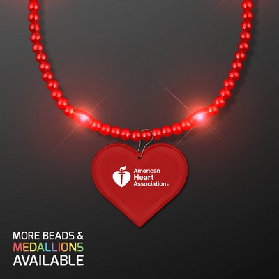 Red Light Up Mardi Gras Beads with Heart Medallion - PRINTED