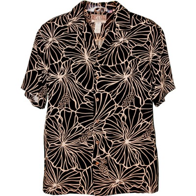 Black Hawaiian Soft & Supple Tropical Print Shirt w/ Genuine Coconut Buttons