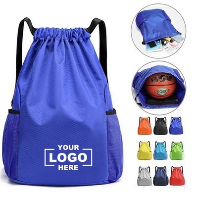 Drawstring double shoulder bag with pocket, portable basketball bag.