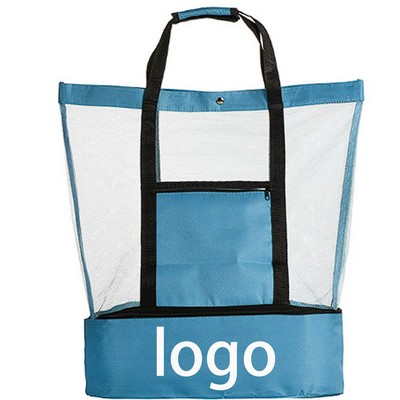 Large Beach Mesh Bag With Insulated Cooler Compartment And Durable Shoulder Straps