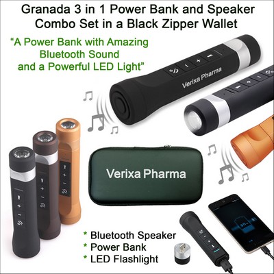 Granada 3" 1 Power Bank/Bluetooth Speaker Combo 3500 mAh Black Zipper Wallet