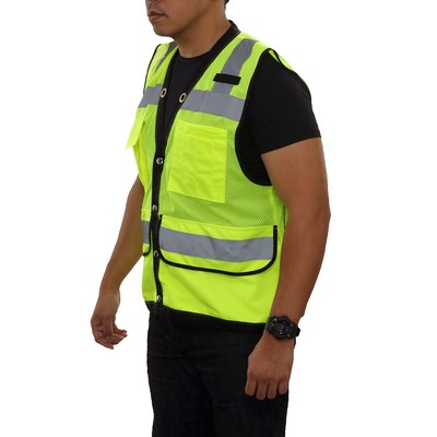 Reflective Apparel™ Hi-Vis Surveyor Mesh Multi-Pocket Safety Vest-12 Pockets/Black Contrast