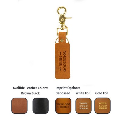 Full-Grain Leather Rectangle Key Chain w/Brass Scissor Clip & Ring - Made in USA