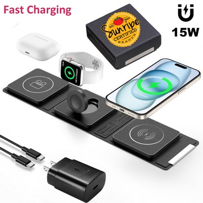 Portable 15W Foldable Magnetic 3in1 Wireless Charger with Adaptor