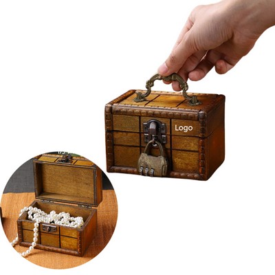 Vintage Wooden Lock Box With Handle Perfect For Jewelry