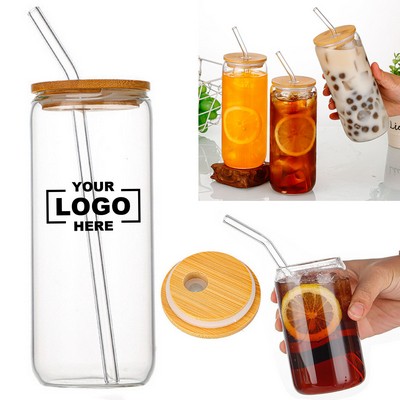 16OZ Eco-Friendly Heat-Resistant High Borosilicate Glass Tumbler W/ Bamboo Lid & Straw
