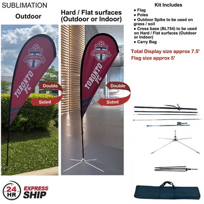 24Hr Express Ship - 7.5' Small Tear Drop Flag Kit, Full Color Graphic 2 Sided, Outdoor & Indoor base