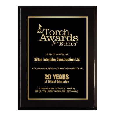 10.5" x 13" High Gloss Black Finish Plaque w/ Laser Engraved Plate and Back Plate