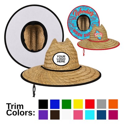 Custom Lifeguard Straw Hat – Sublimated Under Brim & Woven Patch Beach Sun Hat with Chin Cord