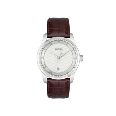 Hugo Boss Principle Gents Stainless Steel Case Brown Calfskin Strap Silver Dial Watch