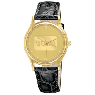 Women's Brass Case Watch with Leather Strap and Gold Mirrorcraft Dial