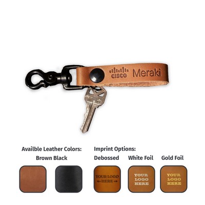 Full-Grain Leather Slim Belt Loop Keychain w/Zinc Scissor Clip + Split Ring - Made in USA