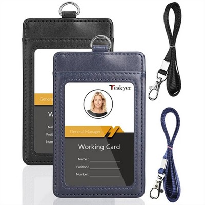 PU Leather ID Card Badge Holder Lanyards