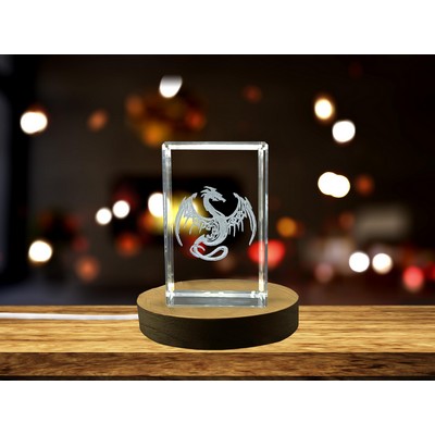 Dragon 3D Engraved Crystal Trophy Award w/LED Base - Fantasy Sculpture