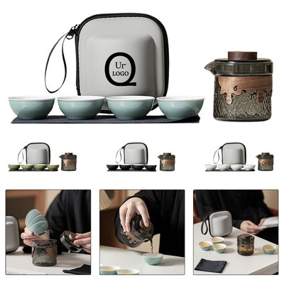 Ceramic Travel Tea Set W/ Glass Teapot And 4 Cups