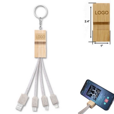 Bamboo 3-In-1 Keychain Charging Cable W/Phone Holder Stand