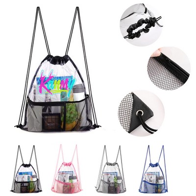 Clear PVC Drawstring Cinch Sack Backpack With Front Zipper Mesh Pocket