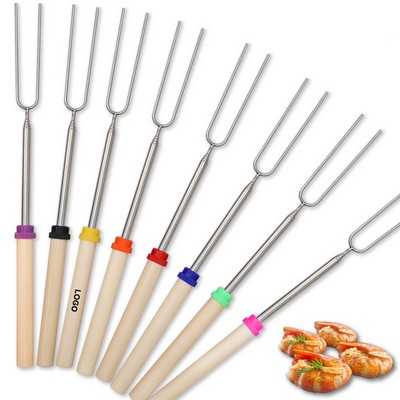 Telescoping Roasting Fork,Extendable BBQ Skewer with Wooden Handle
