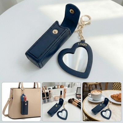 Pu Leather Portable Outdoor Lipstick Caser With Keychain Mirror