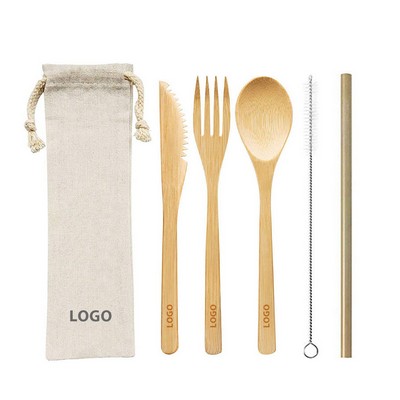 2025 Eco-Friendly Reusable Wooden Bamboo Cutlery Travel Camping Biodegradable 5" 1 Utensils Kit