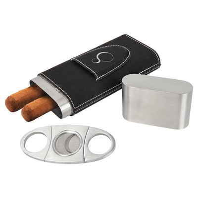 Black/Silver Leatherette Cigar Case with Cutter