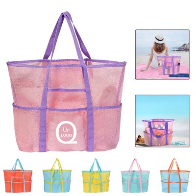 Color-Blocking NylonmeshSpacious Multi-Pocket Beach Tote