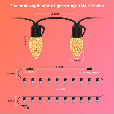 LED Outdoor String Lights 50' Outdoor String Lights with 20 Pcs 1W Dimmable Plastic Bulbs