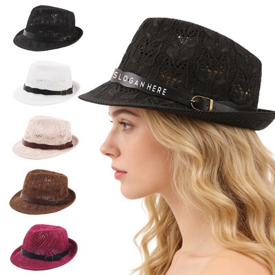 Crochet Knit Fedora Hat – Breathable Jazz Hat with Belt Band