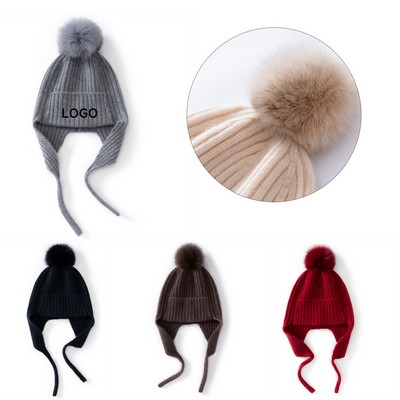 Knitted Beanie Hat w/Pom Fur/Ear Cover