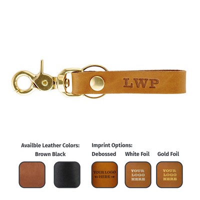 Full-Grain Leather Slim Belt Loop Keychain w/Brass Scissor Clip + Ring - Made in USA