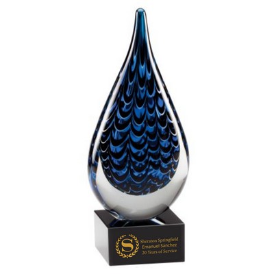 Blue and Black Tear Drop Art Glass on Black Glass Base, 9.5"
