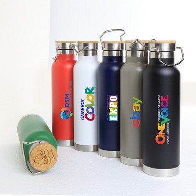 22 Oz. Scenesetter Double Wall 18/8 Stainless Steel Vacuum Insulated Bottle w/Bamboo Cap (Green)