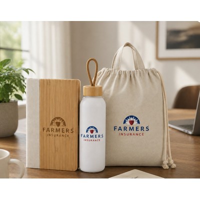 Eco-Friendly Welcome Gift Set with Bamboo Journal, Water Bottle & Cotton Drawstring Bag