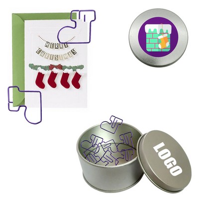 Christmas Sock Shaped Paper Clips In Tin Box