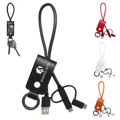 PU Leather Keychain With 3-in-1 Charging Cable