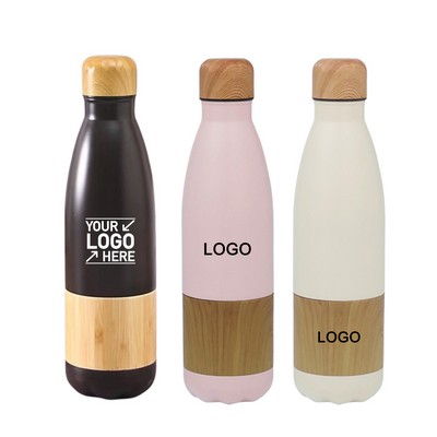 17oz Stainless-Steel Vacuum Insulated Coke Cola Water Bottle With Bamboo Trim/Cap