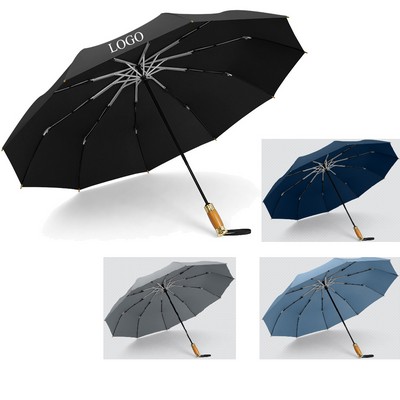 10 Bones Triple-fold Umbrella With Wood Handle