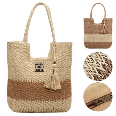 Spacious Summer Beach Tote Bag with Fringe Details