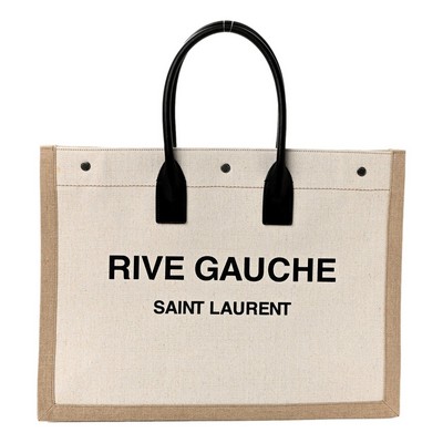 Saint Laurent Rive Gauche Large Tote in Natural Beige Canvas with Black Top Handles
