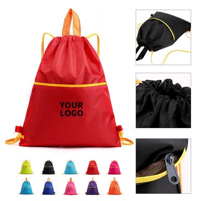 Waterproof 420D Oxford Drawstring Backpack with Front Zip Pocket Dual Strap