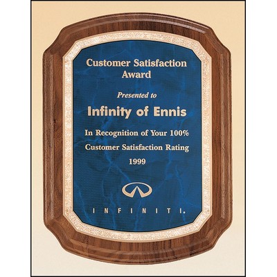 American Walnut Plaque with Sapphire Plate and Notched Corners, 8 x 10 1/2"